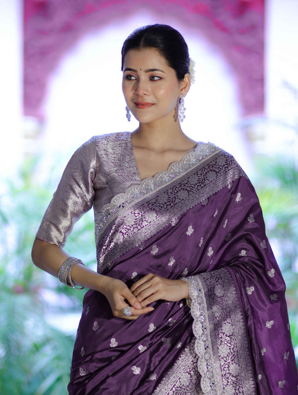 Banarasee Handloom Soft Silk Saree With Zari Buti Design Floral Border & Lace-Mauve