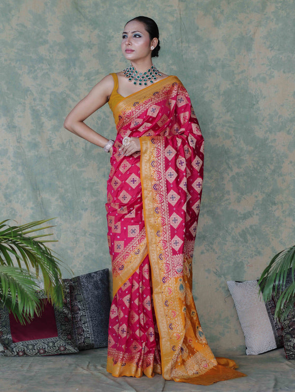 Banarasee Handloom Semi Silk Bandhej Saree With Zari Work & Contrast Border-Pink & Mustard Yellow