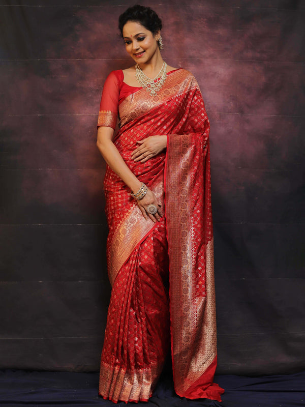 Banarasee Semi-Katan Zari Jaal Saree-Red