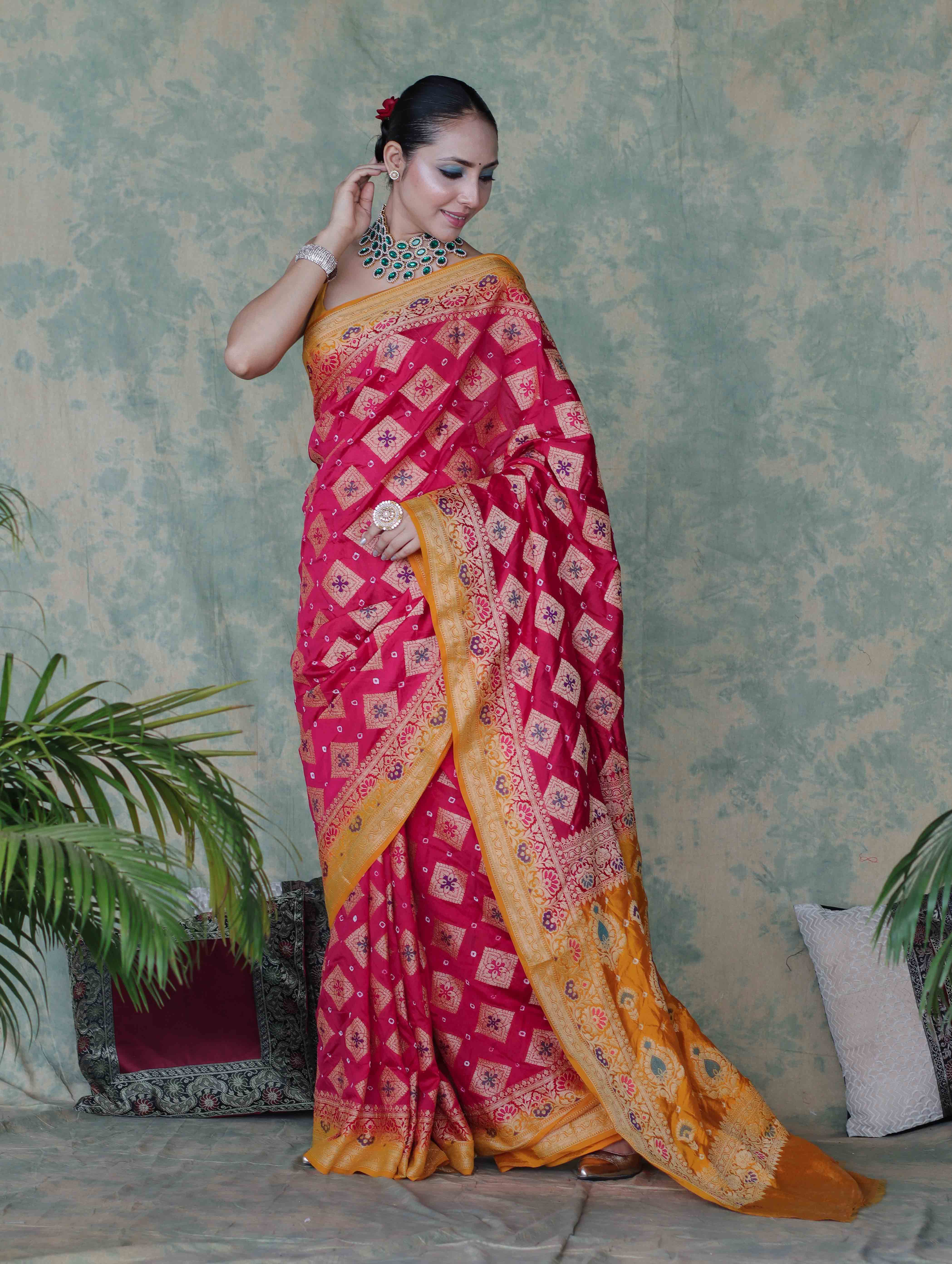 Banarasee Handloom Semi Silk Bandhej Saree With Zari Work & Contrast Border-Pink & Mustard Yellow