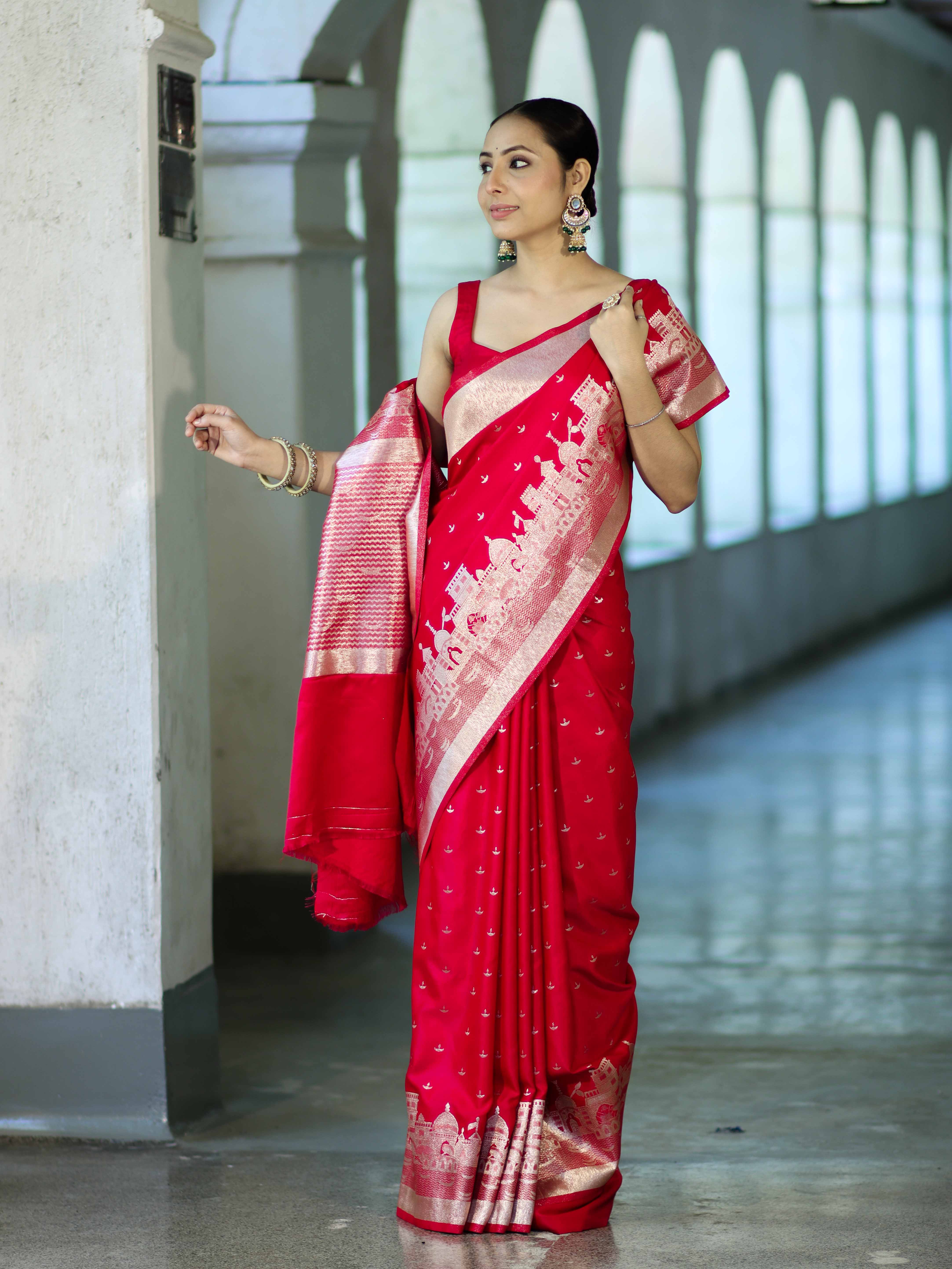 Banarasee Handloom Soft Silk Saree With Diya Design & Ganga Ghat Zari Border-Red (Pink Tone)