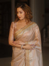 Banarasee Handwoven Plain Tissue Saree With Zari Border & Lace-Blush Pink
