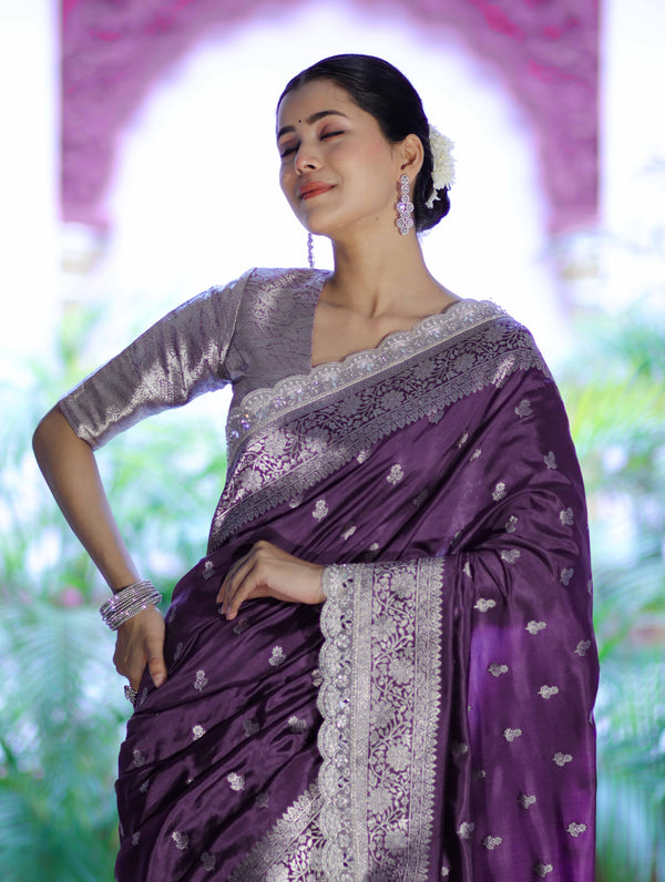 Banarasee Handloom Soft Silk Saree With Zari Buti Design Floral Border & Lace-Mauve