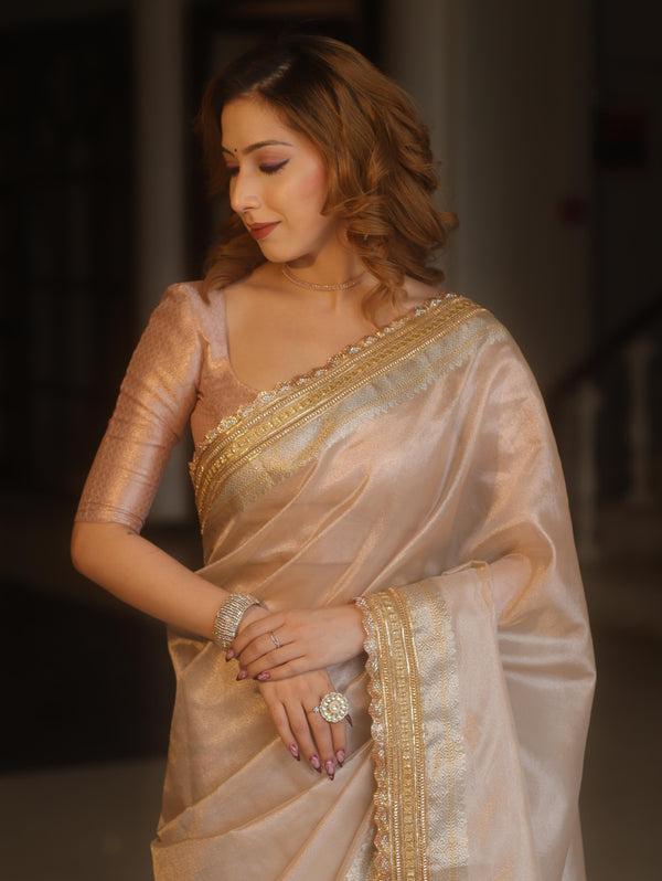 Banarasee Handwoven Plain Tissue Saree With Zari Border & Lace-Blush Pink