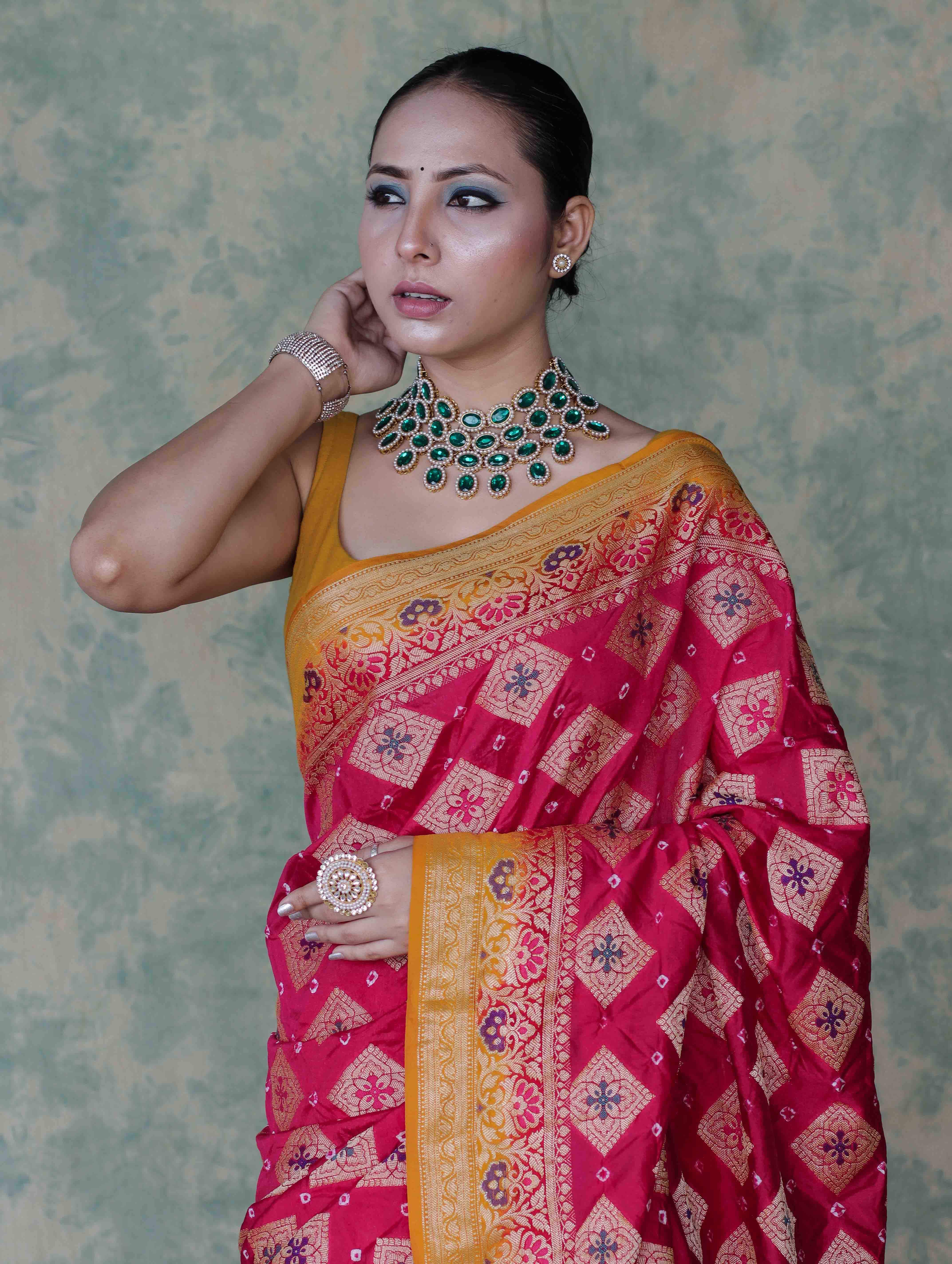 Banarasee Handloom Semi Silk Bandhej Saree With Zari Work & Contrast Border-Pink & Mustard Yellow