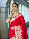 Banarasee Handloom Soft Silk Saree With Diya Design & Ganga Ghat Zari Border-Red (Pink Tone)