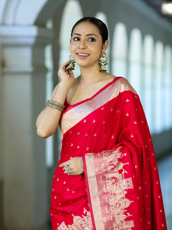 Banarasee Handloom Soft Silk Saree With Diya Design & Ganga Ghat Zari Border-Red (Pink Tone)