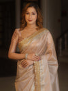 Banarasee Handwoven Plain Tissue Saree With Zari Border & Lace-Blush Pink