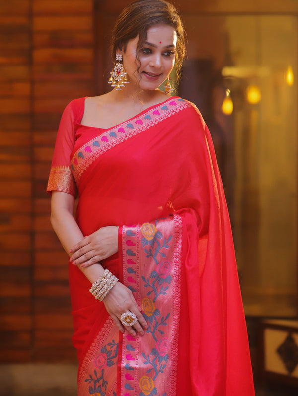 Banarasee Handwoven Semi Silk Plain Saree With Broad Zari & Meena Border-Red