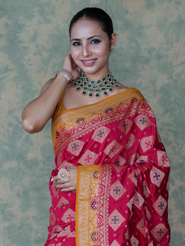 Banarasee Handloom Semi Silk Bandhej Saree With Zari Work & Contrast Border-Pink & Mustard Yellow