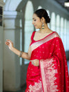 Banarasee Handloom Soft Silk Saree With Diya Design & Ganga Ghat Zari Border-Red (Pink Tone)