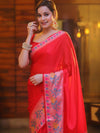 Banarasee Handwoven Semi Silk Plain Saree With Broad Zari & Meena Border-Red