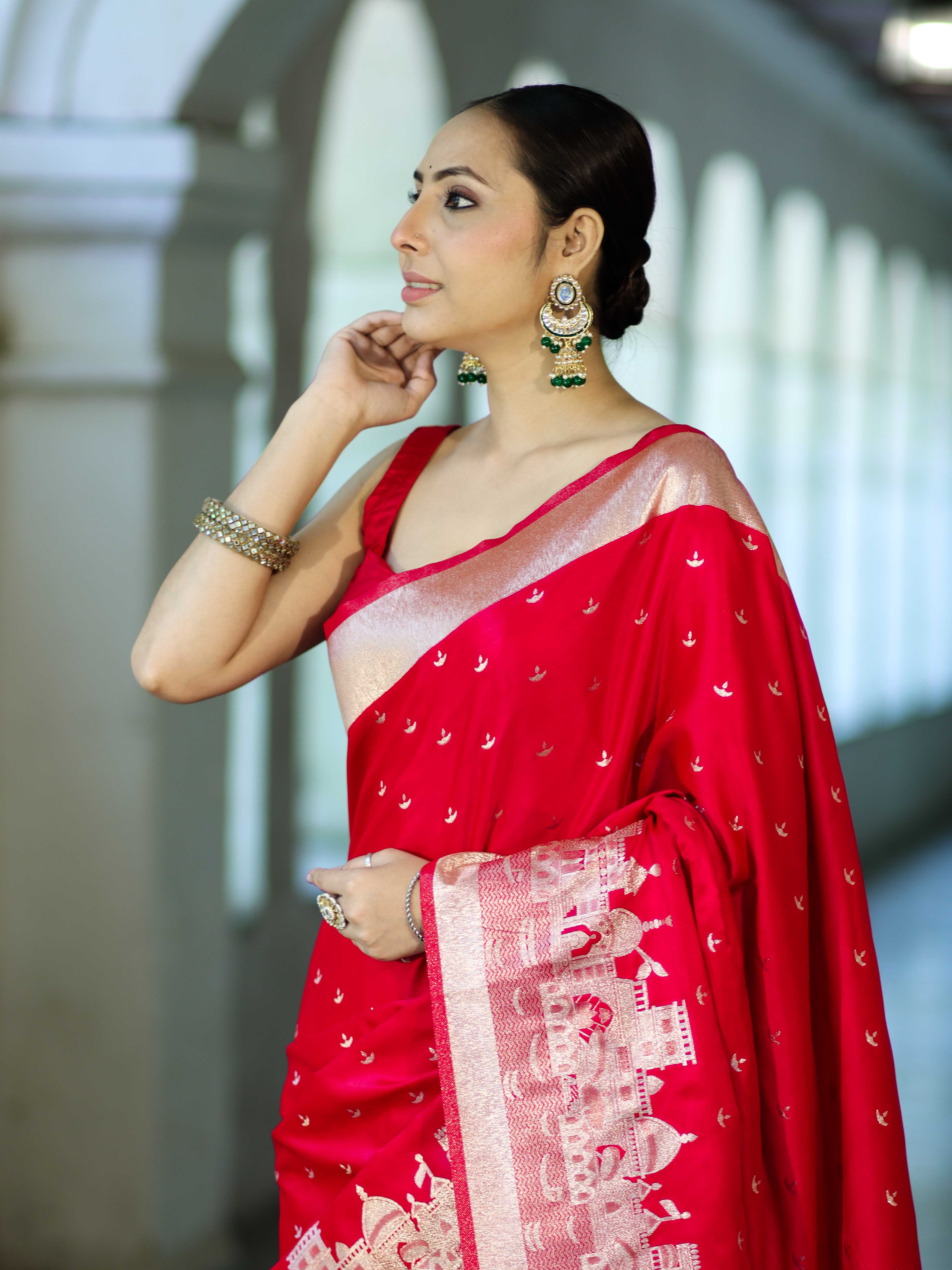 Banarasee Handloom Soft Silk Saree With Diya Design & Ganga Ghat Zari Border-Red (Pink Tone)