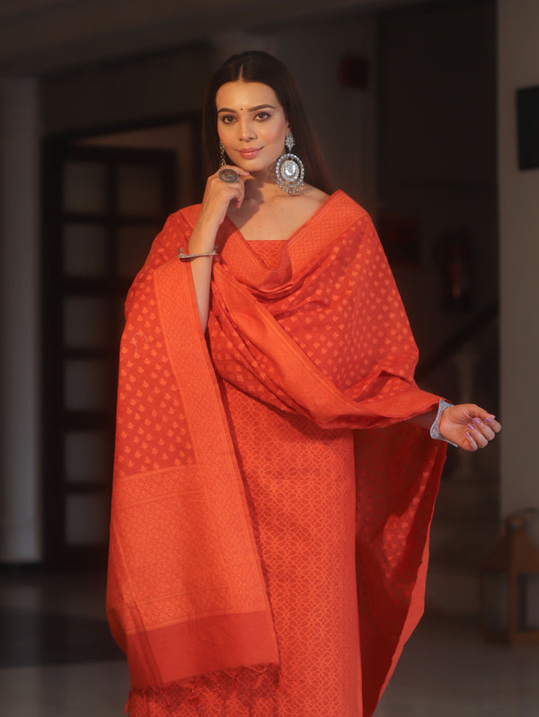 Banarasee Handloom Pure Cotton Silk Salwar Kameez Fabric With Dupatta-Orange