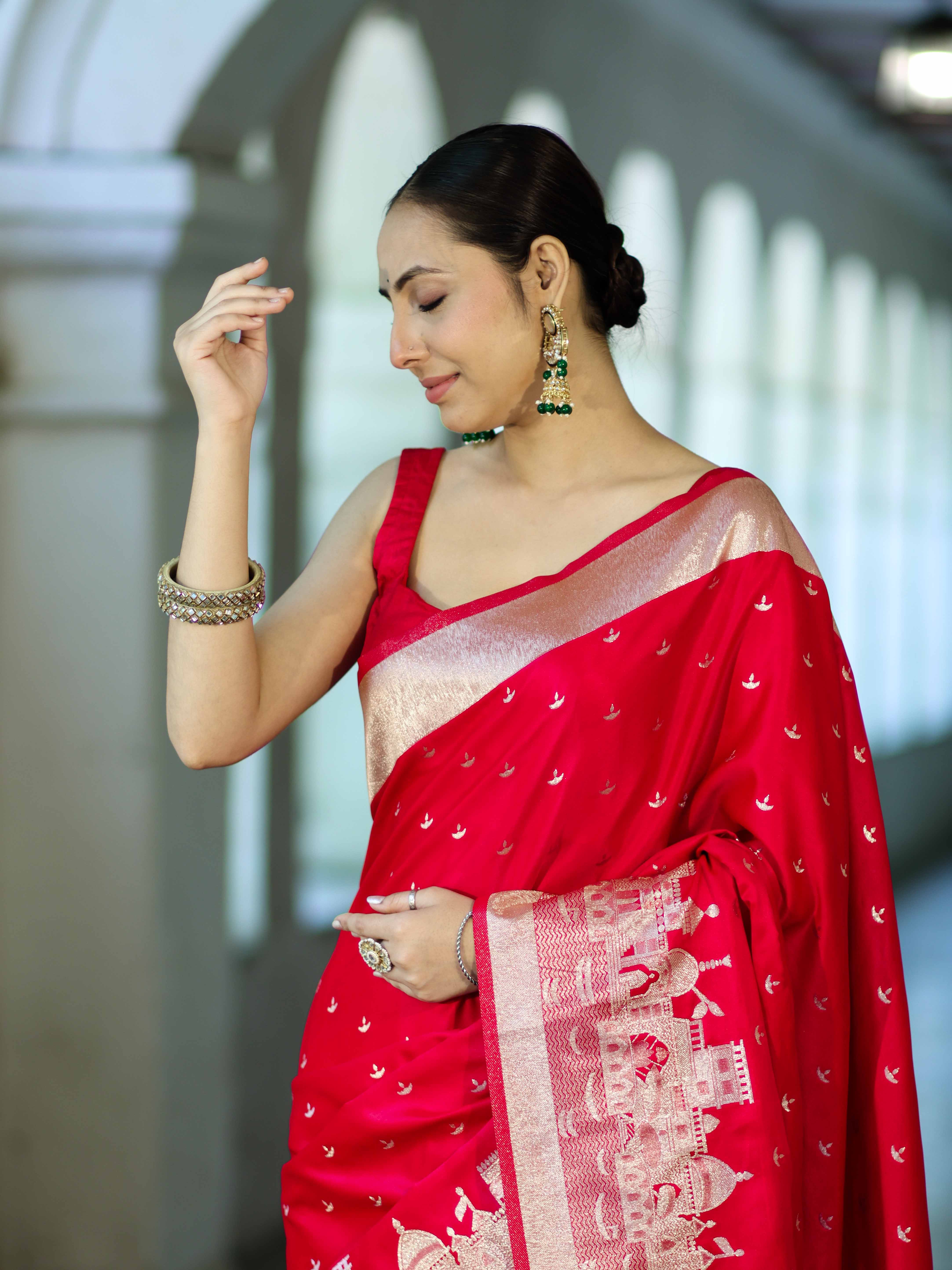 Banarasee Handloom Soft Silk Saree With Diya Design & Ganga Ghat Zari Border-Red (Pink Tone)