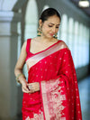 Banarasee Handloom Soft Silk Saree With Diya Design & Ganga Ghat Zari Border-Red (Pink Tone)