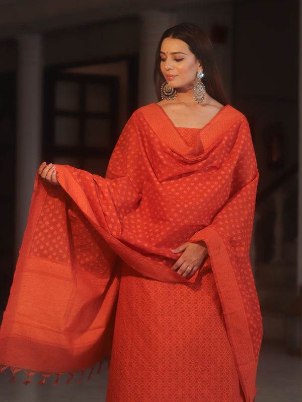 Banarasee Handloom Pure Cotton Silk Salwar Kameez Fabric With Dupatta-Orange