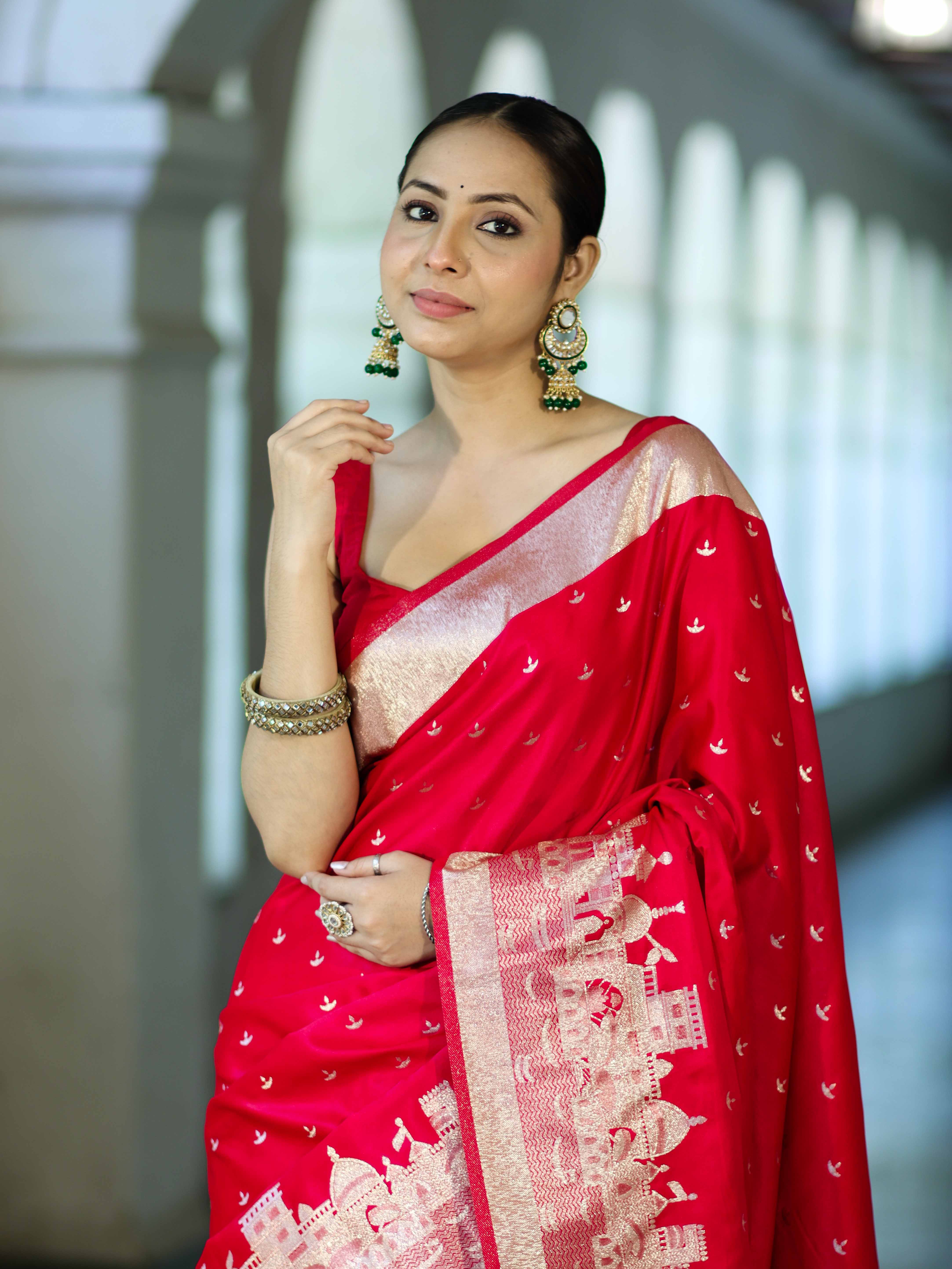 Banarasee Handloom Soft Silk Saree With Diya Design & Ganga Ghat Zari Border-Red (Pink Tone)