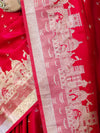 Banarasee Handloom Soft Silk Saree With Diya Design & Ganga Ghat Zari Border-Red (Pink Tone)