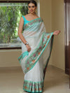 Banarasee Handwoven Semi Silk Saree With Zari Buta & Floral Border Design-White