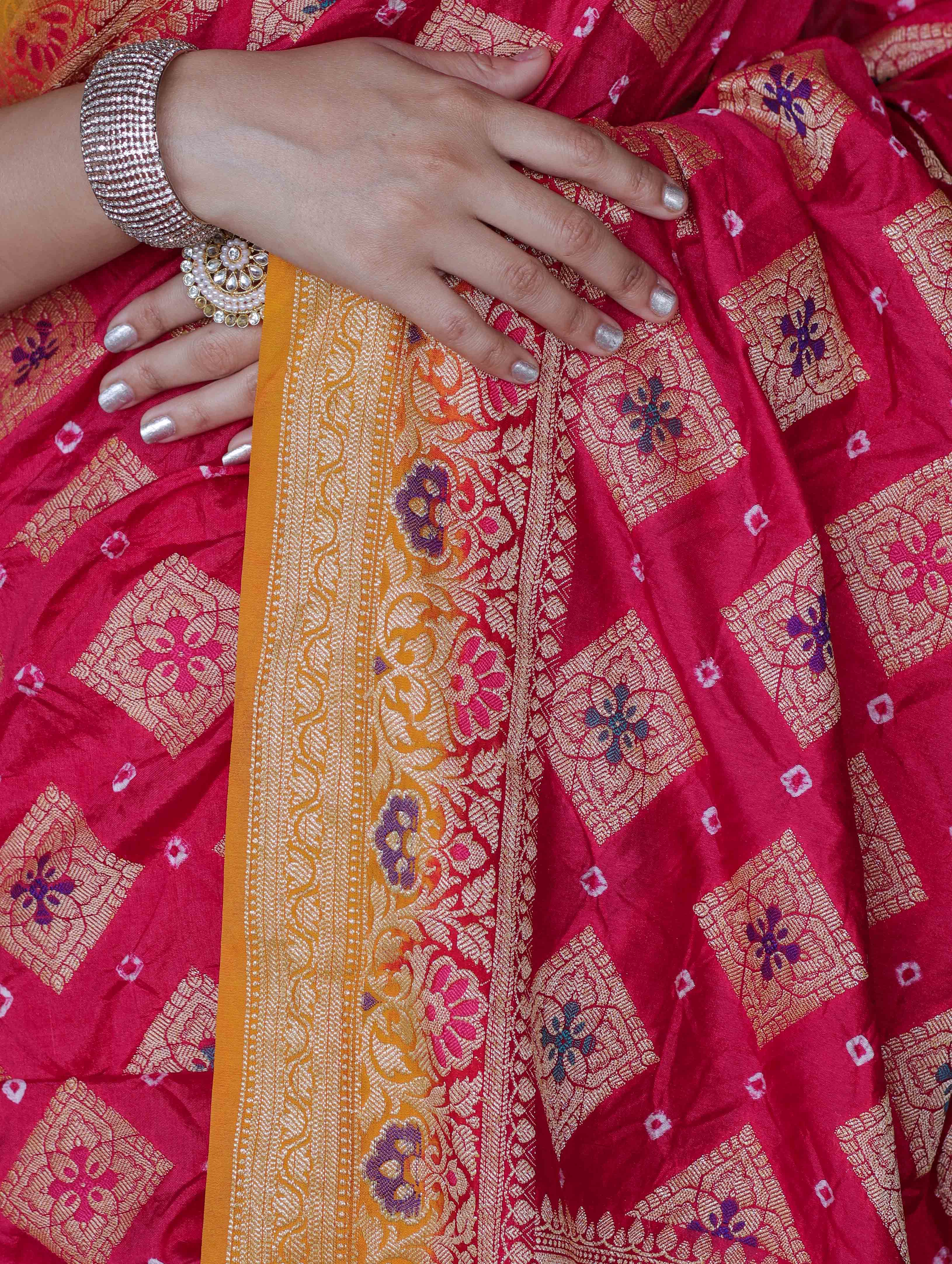 Banarasee Handloom Semi Silk Bandhej Saree With Zari Work & Contrast Border-Pink & Mustard Yellow