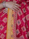 Banarasee Handloom Semi Silk Bandhej Saree With Zari Work & Contrast Border-Pink & Mustard Yellow