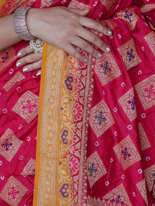 Banarasee Handloom Semi Silk Bandhej Saree With Zari Work & Contrast Border-Pink & Mustard Yellow