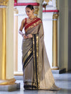 Banarasee Handloom Semi Silk Saree With Checks Design & Contrast Border-Grey & Black