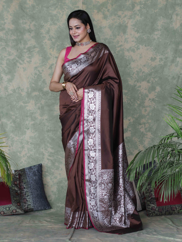 Banarasee Handloom Semi Silk Plain Saree With Silver Zari Floral Border-Brown