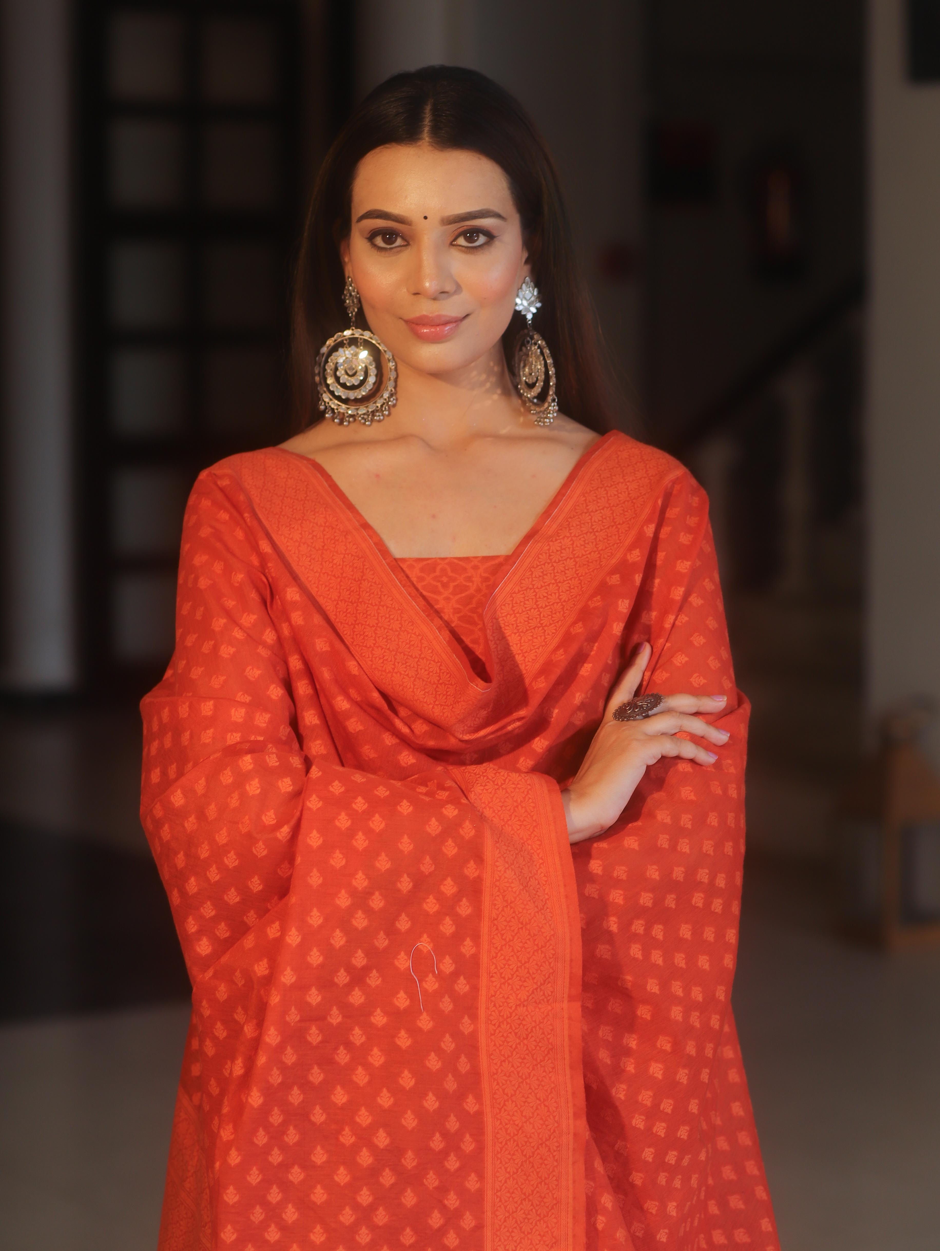 Banarasee Handloom Pure Cotton Silk Salwar Kameez Fabric With Dupatta-Orange