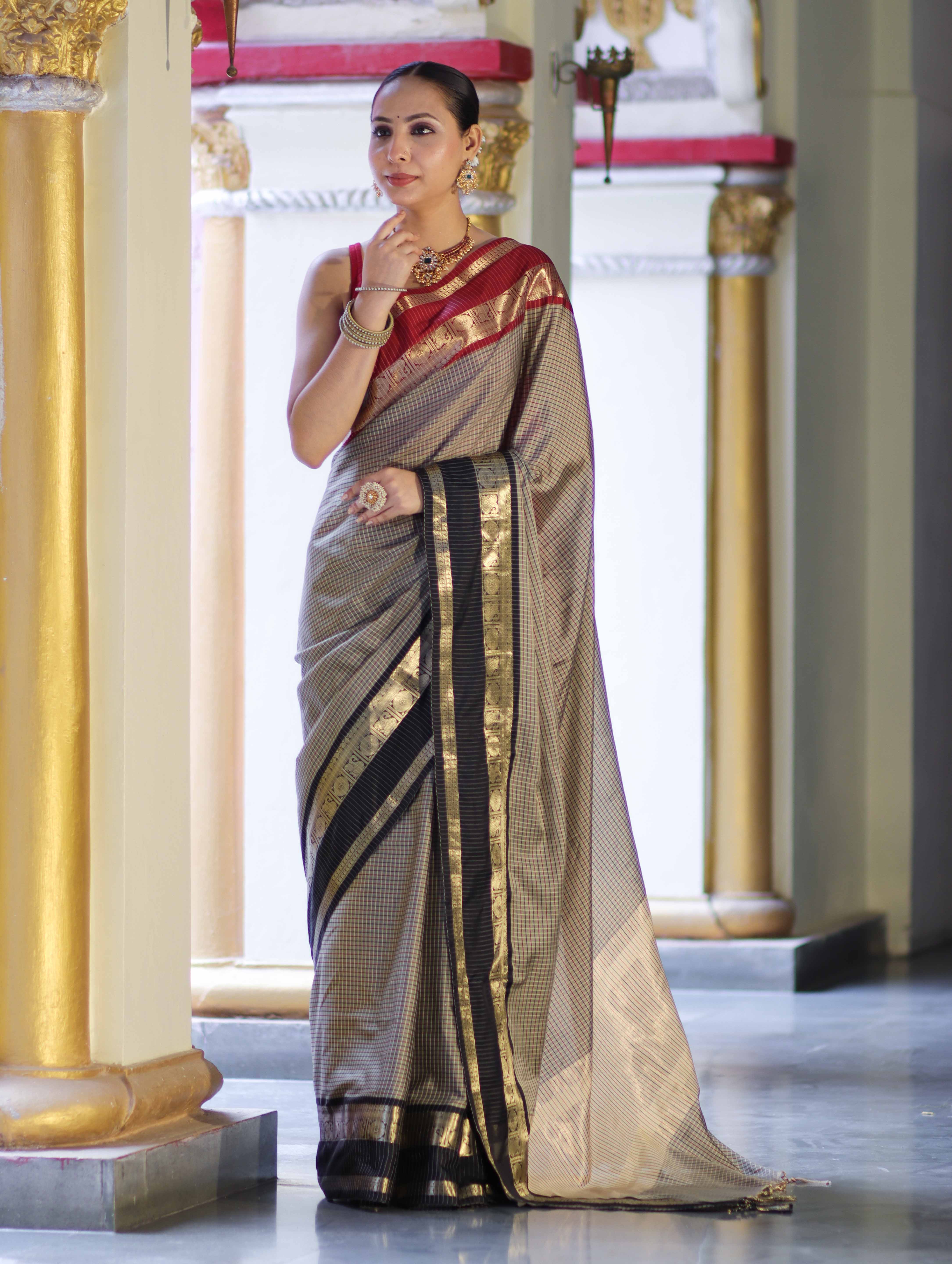 Banarasee Handloom Semi Silk Saree With Checks Design & Contrast Border-Grey & Black