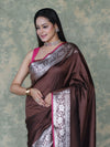Banarasee Handloom Semi Silk Plain Saree With Silver Zari Floral Border-Brown