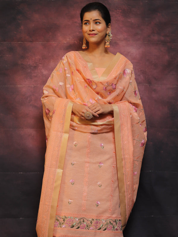 Banarasee Embroidered Linen Cotton Salwar Kameez With Dupatta-Peach