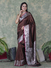 Banarasee Handloom Semi Silk Plain Saree With Silver Zari Floral Border-Brown