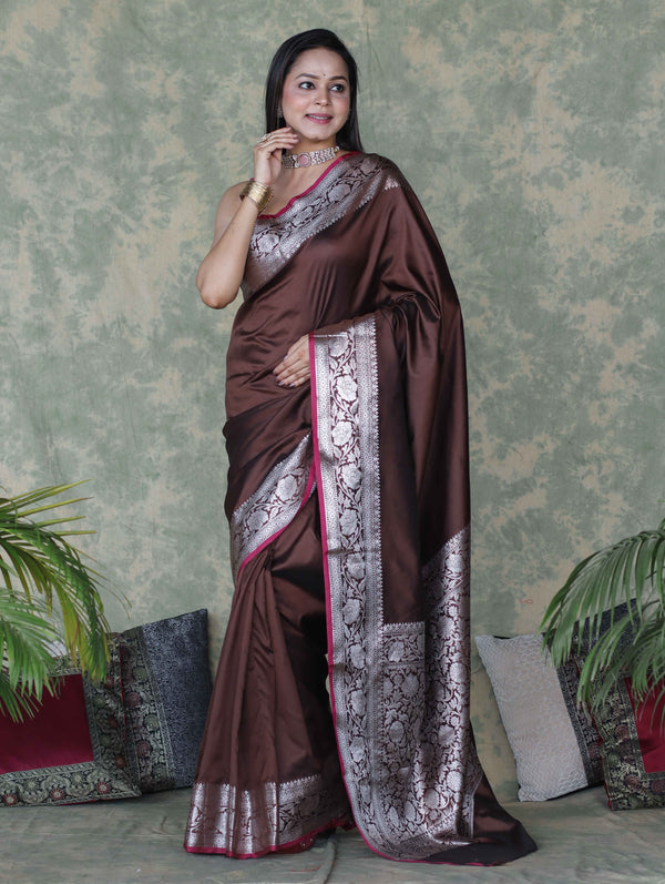 Banarasee Handloom Semi Silk Plain Saree With Silver Zari Floral Border-Brown