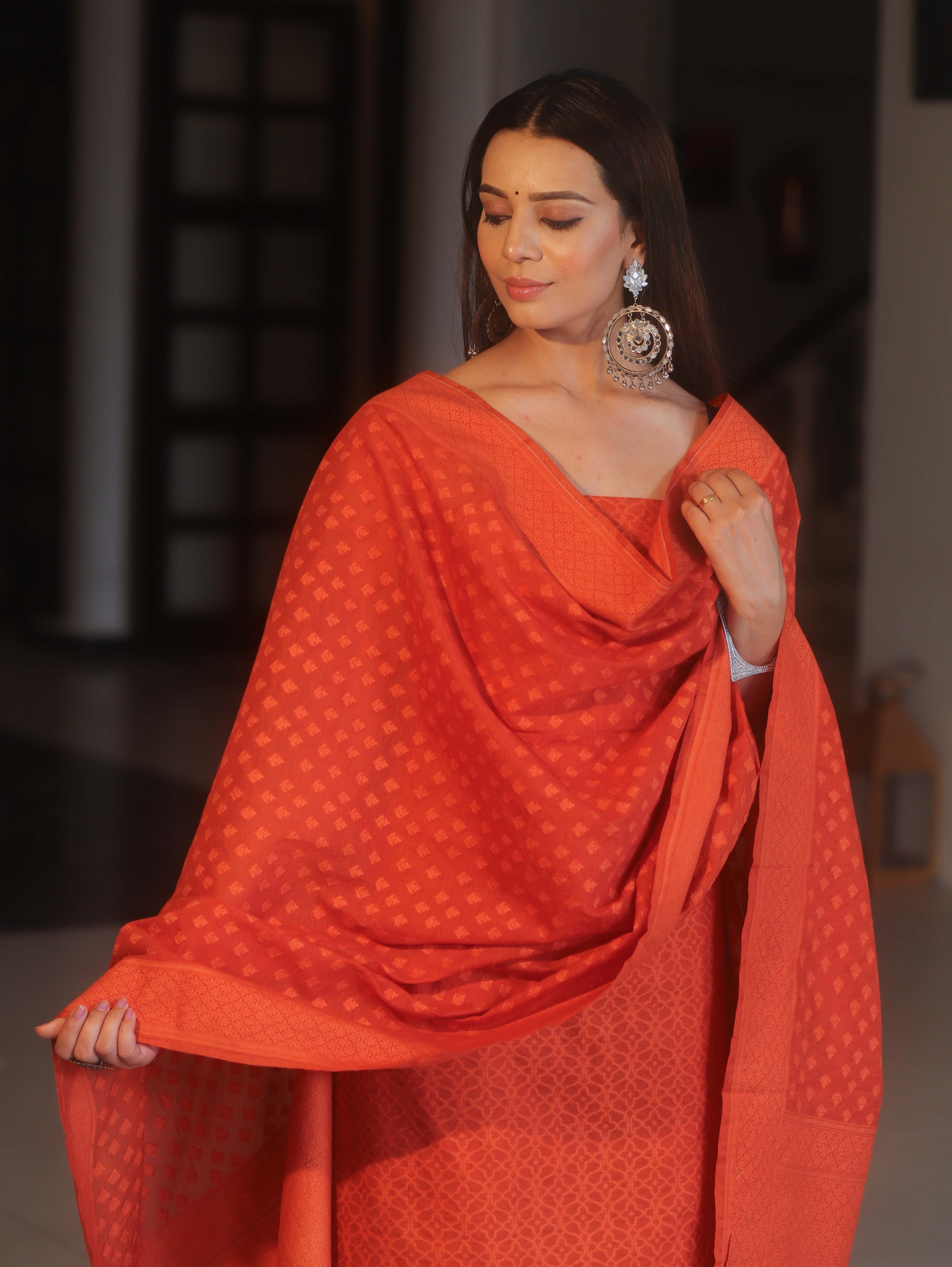 Banarasee Handloom Pure Cotton Silk Salwar Kameez Fabric With Dupatta-Orange
