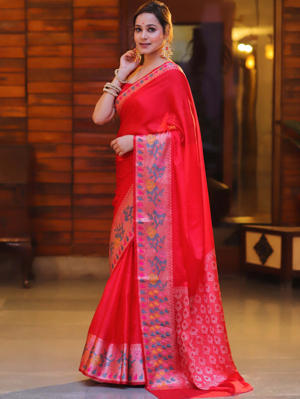 Banarasee Handwoven Semi Silk Plain Saree With Broad Zari & Meena Border-Red