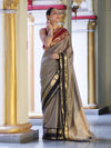 Banarasee Handloom Semi Silk Saree With Checks Design & Contrast Border-Grey & Black