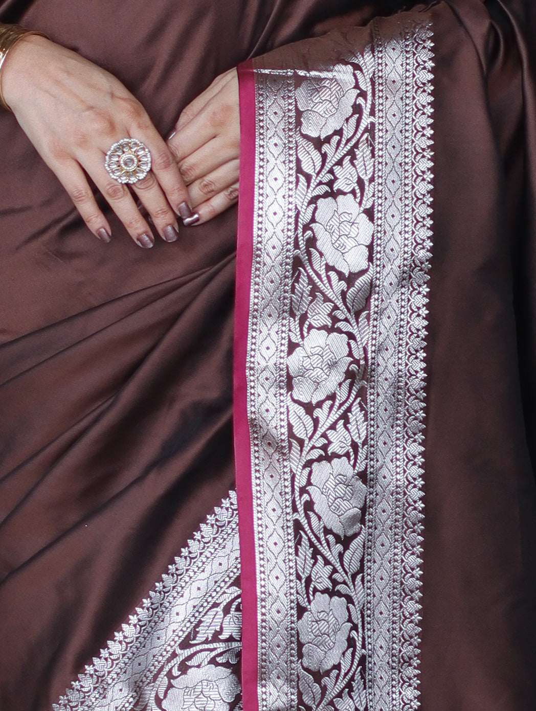 Banarasee Handloom Semi Silk Plain Saree With Silver Zari Floral Border-Brown