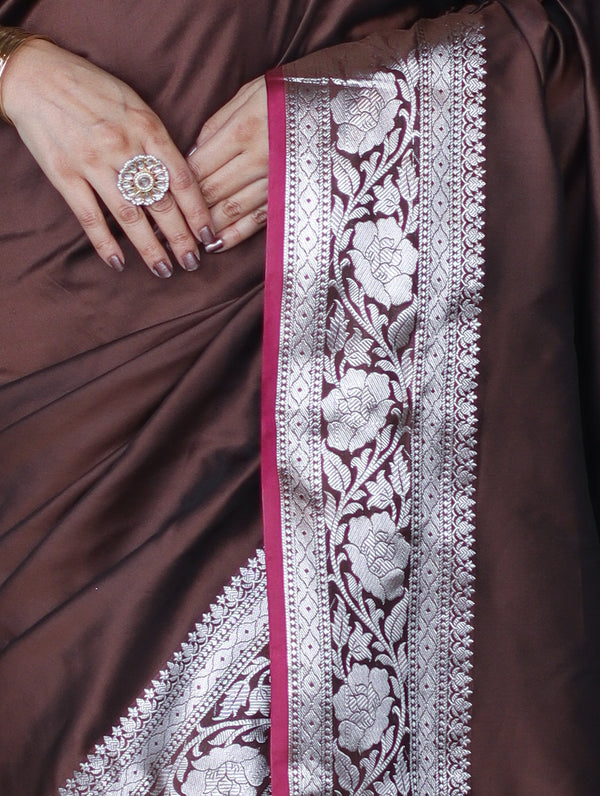Banarasee Handloom Semi Silk Plain Saree With Silver Zari Floral Border-Brown