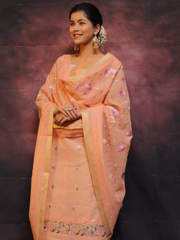 Banarasee Embroidered Linen Cotton Salwar Kameez With Dupatta-Peach