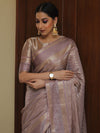 Banarasee Handwoven Semi Silk Saree With Stripes Design & Solid Border-Mauve