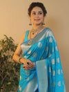 Banarasee Handwoven Semi-Katan Tanchoi Weaving Floral Border Saree-Blue