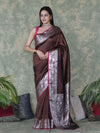 Banarasee Handloom Semi Silk Plain Saree With Silver Zari Floral Border-Brown