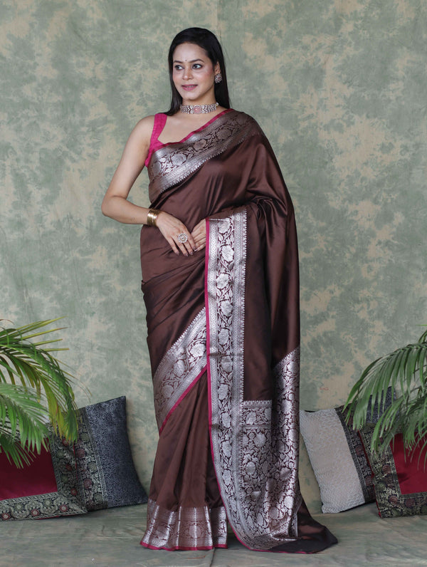 Banarasee Handloom Semi Silk Plain Saree With Silver Zari Floral Border-Brown