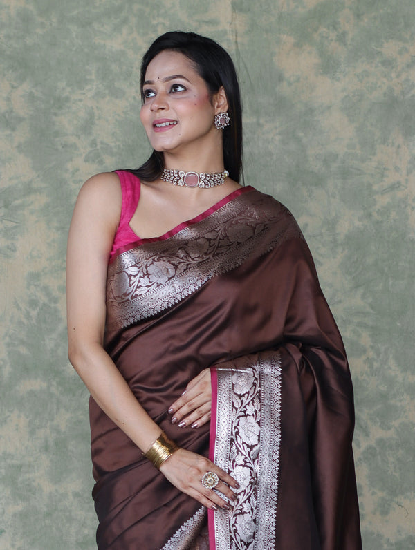 Banarasee Handloom Semi Silk Plain Saree With Silver Zari Floral Border-Brown