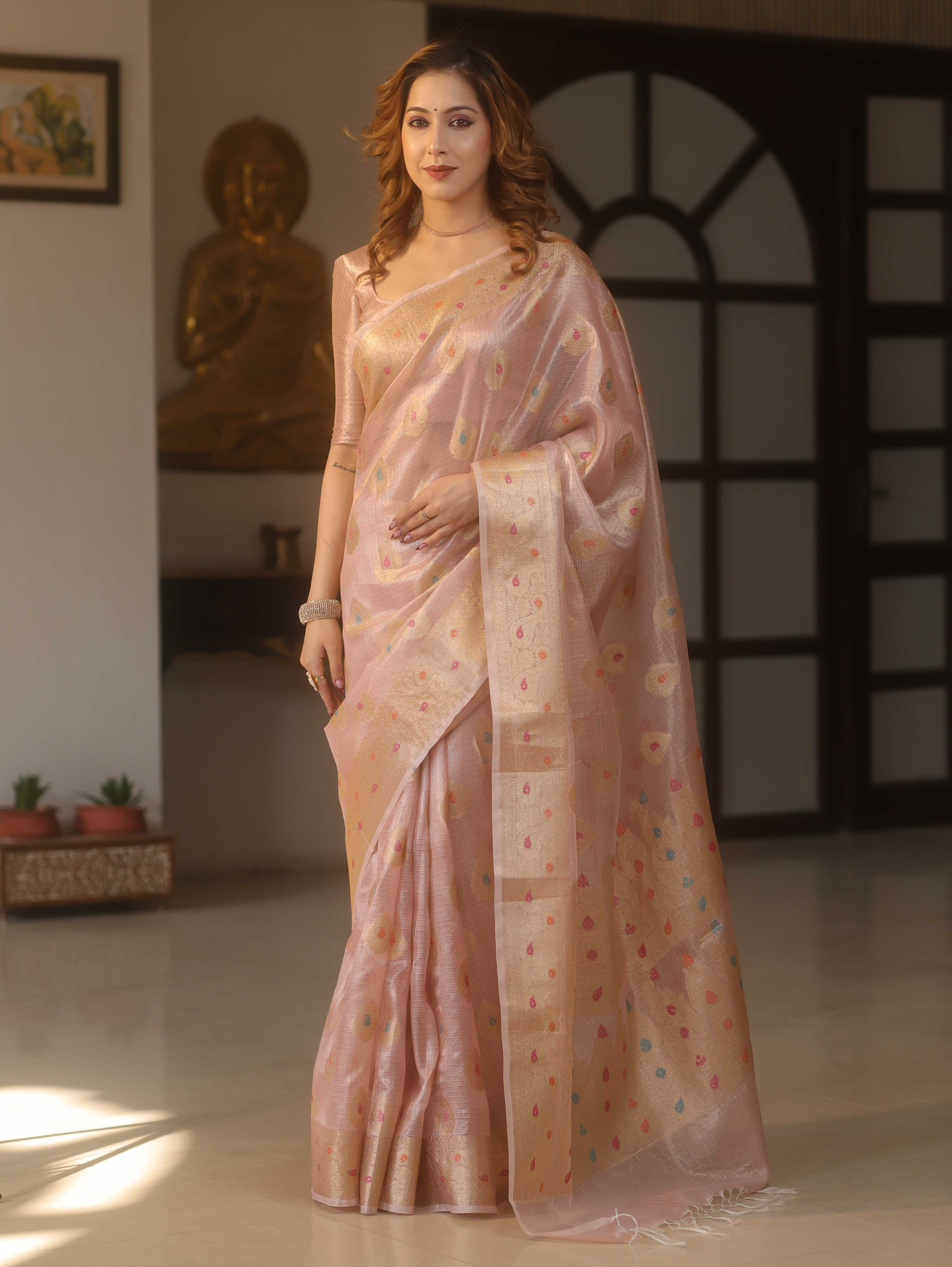 Banarasee Handwoven Kota Check Tissue Saree With Meena Design & Zari Broder-Pastel Pink