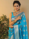 Banarasee Handwoven Semi-Katan Tanchoi Weaving Floral Border Saree-Blue