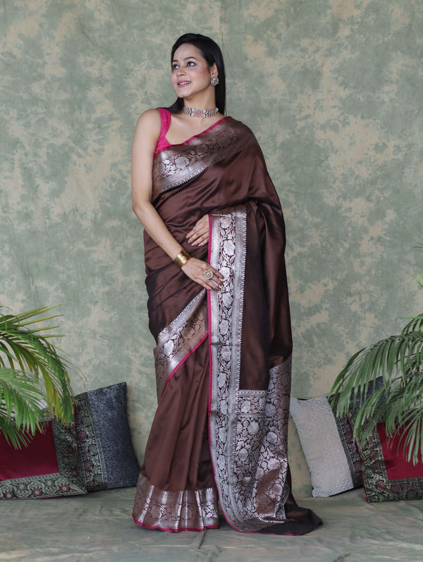 Banarasee Handloom Semi Silk Plain Saree With Silver Zari Floral Border-Brown