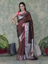 Banarasee Handloom Semi Silk Plain Saree With Silver Zari Floral Border-Brown